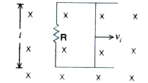 A bar of mass m and length l moves on two frictionless parallel rails in the presence of a uniform magnetic field directed into the plane of the paper. The bar is given an initial velocity v(i) to the right and released. Find the velocity of bar, induced emf across the bar and the current in the circuit as functions of time