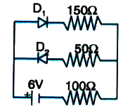 The circuit shown below contains two diodes, each of forward resistance, 50 Omega and with infinite backward resistance. If the battery voltage is 6V, find the current through 100 Omega resistance.