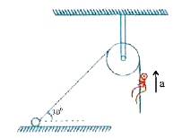 A light stringht fixed at one end to a wooden clamp on a ground passes over a fixed pulley and hangs at the other side. It makes an angle 30^(0) with the ground . A boy weighing 60kg climbs up the rope. The wooden clamp can tolerate upto vertical force 360 N. Find the, maximum acceleration in the upward direction with which the boy can climb safely .   The friction of pulley and wooden clamp may be ignored (g=10 m//s)