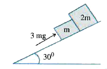 Two block of masses m and 2m are kept on a smooth inclined plane and the system is pushed using force 3mg as shown . Find the contact force between those two blocks