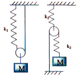 Find the stretch in the springs shown in figure . The respective data are given in the figure . The friction and masses in pulleys are negligible . Find the extension in spring?