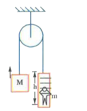 A Stationary light, smooth pulley can rotate without friction about a fixed horizontal axis. A light rope passes over the pulley. One end of the rope supports a ladder with man and the other end supports a counterweight of mass M. Mass of the man is m. Initially, the centre of mass of the counterweight is at a height h from that of man as shown in figure. If the man starts to climb up the ladder slowly, calculate work done by him to reach his centre of mass in level with that of the counterweight.