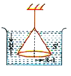 A solid cone of height H. radius R suspended by a string is just submerged in a liquid of density 's' as shown in the figure. Find the magnitude of the net force applied by the liquid on the curved surface of the cone (Take P(0)  - atmospheric perssure)
