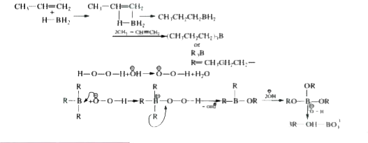 Hydroboration oxidation reaction is process of addition of H2O according to antimarkownikoff's rule.   CH3CH = CH2 underset(H2O2, overset(Ɵ)OH)overset(BH3,THH)to CH3 - CH2 - CH2 OH   Reaction is regioselective. Regioselectivity of reaction is increased by using hindered boranes.  THF (Tetrahydrofuran) is used to control reactivity of borane.          Major product