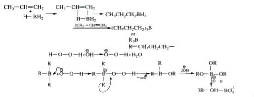 Hydroboration oxidation reaction is process of addition of H2O according to antimarkownikoff's rule.   CH3CH = CH2 underset(H2O2, overset(Ɵ)OH)overset(BH3,THH)to CH3 - CH2 - CH2 OH   Reaction is regioselective. Regioselectivity of reaction is increased by using hindered boranes.  THF (Tetrahydrofuran) is used to control reactivity of borane.