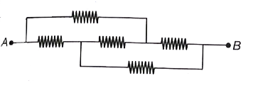 नीचे गए परिपथों में से प्रत्येक परिपथ का बिन्दु A तथा B के मध्य तल्य प्रतिरोध ज्ञात कीजिए। सभी प्रतिरोधकों का मान R समान है