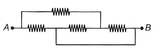 नीचे गए परिपथों में से प्रत्येक परिपथ का बिन्दु A तथा B के मध्य तल्य प्रतिरोध ज्ञात कीजिए। सभी प्रतिरोधकों का मान R समान है