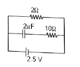 2mu F धारिता के एक संधारित्र को चित्र में दर्शाए अनुसार संयोजित किया जाता है। सेल का आन्तरिक प्रतिरोध 0.5Omega है। स्थायी अवस्था पर संधारित्र की प्लेटों पर आवेश की मात्रा है ।