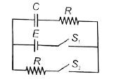 10M Omega प्रतिरोध वाले एक प्रतिरोधक को 1.0mu F वाले संधारित्र तथा 12.0V वि. वा. ब. की बैटरी से संधारित्रके साथ श्रेणी में संयोजित किया जाता है। समय t = 0 पर कुंजी को बन्द करने से पहले संधारित्र अनावेशित है      कालांक ज्ञात कीजिए, जब S(2) बन्द है तथा संधारित्र को S(1) से आवेशित करने से पर्व S(2) खुली है