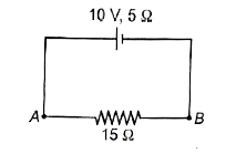 10 V वि.वा.ब. तथा 5Omega आन्तरिक प्रतिरोध के एक सेल को 15 Omega प्रतिरोध के सिरों में संयोजित किया जाता है। AB के मध्य विभवान्तर ज्ञात कीजिए।