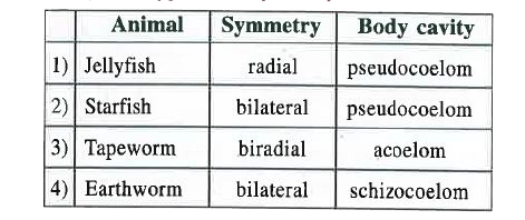 Select the correct matching of animal , its symmetry and type of body cavity .