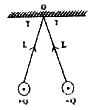 Two small spheres each having equal positive charge Q(Coulomb) on each are suspended by two insulating strings of equal length L (meter) from a rigid hook (shown in Fig.). The whole set up is taken into satellite where there is no gravity. The two balls are now held by electrostatic forces in horizontal position, the tension in each string is then