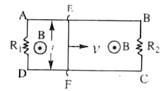 A loop ABCD containing two resistors as shown in figure is placed in a uniform magnetic field B directed outward to the plane of page. A sliding conductor EF of length l and of negligible resistance moves to the right with a uniform velocity v as shown in Fig. Determine the current in each branch.