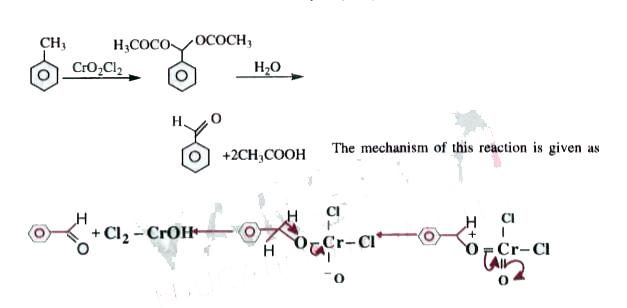 The oxidation of aryl methyl or cyclo alkyl methyl by the treatment with chromyl chloride to an aldehyde via the formation of esters is known as Etard reaction. The oxidation stops at aldehyde stage because the product of the reaction is acylal, R - CH(OCOCH3)2 which is resistance to oxidation with this reagent. The acylal on hydrolysis gives aldehyde.         Which of the other reactions will produce benzaldehyde ?