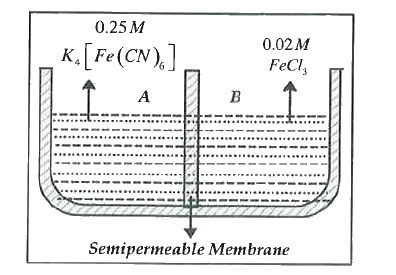 FeCl(3) on reaction with K(4)[Fe(CN)(6)] in aqueous solution gives a blue  colour . These two solutions are separated by a semipermeable membrane as shown in the figure . Both the solutions are sufficiently dilute & osmosis will take place as there is a difference  in  concentration of the solutions. Imagine the experiment is carried out  at 27^(@)C . The osmotic flow will take place in onedirection and not in both .        The osmotic pressure (pi) of FeCl(3) Solution can expressed as