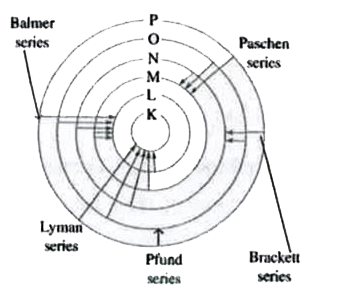 The only electron in the hydrogen atom resides under ordinary conditions on the first orbit. When energy is supplied, the electron moves to higher energy orbit depending on the amount of energy absorbed. When this electron returns to any of the lower orbits, it emits energy. Lyman series is formed when the electron returns to the lowest orbit while Balmer series is formed when the electron returns to second orbit. Similarly, Paschen, Brackett and Pfund series are formed when electron returns to the third, fourth orbits from higher energy orbits respectively (as shown in figure)   Maximum number of lines produced when an electron jumps from nth level to ground level is equal to (n(n-1))/(2). For example, in the case of n = 4, number of lines produced is 6. (4 rarr 3, 4 rarr 2, 4 rarr 1, 3 rarr 2, 3 rarr 1, 2 rarr 1). When an electron returns from n(2) to n(1) state, the number of lines in the spectrum will be equal to ((n(2) - n(1))(n(2)-n(1) +1))/(2)   If the electron comes back from energy level having energy E(2) to energy level having energy E(2) then the difference may be expressed in terms of energy of photon as E(2) - E(1) = Delta E, lambda = (h c)/(Delta E). Since h and c are constant, Delta E corresponds to definite energy, thus each transition from one energy level to another will prouce a higher of definite wavelength. THis is actually observed as a line in the spectrum of hydrogen atom. Wave number of the line is given by the formula bar(v) = RZ^(2)((1)/(n(1)^(2)) - (1)/(n(2)^(2)))   Where R is a Rydberg constant (R = 1.1 xx 10^(7))   (i) First line of a series : it is called .line of logest wavelength. or .line of shortest energy..   (ii) Series limit of last of a series : It is the line of shortest wavelength or line of highest energy.       In a single isolated atom in electron makes transition from 5^(th) excited state to 2^(nd) state the maximum number of different types of photons observed as