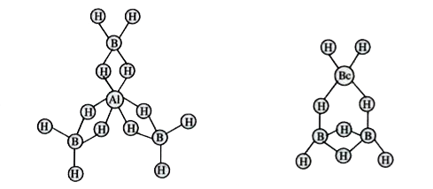 NaBH(4) is ionic compound contain BH(4)^(-) tetrahydridoborate ion and in solid state NaBH(4) has sodium chloride structure. Not all tetrahydridoborates are ionic. The beryllium, aluminium and transition metal borohydrides become increasingly covalent and volatile. In these type of tetrabydrido borate the BH(4)^(-) form covalent bond with metal ion. One or more H atoms in a BH(4)^(-) act as a bridged bond to metal, forming a three centre bond with two electrons shared by three atoms. The BH(4)^(-) is usually in that it may fonn one two or three such three centre bonds to the metal ion when fonns covalent bond.   Be(BH(4))(2) and AI(BH(4))(3) are covalent and structures are given below: