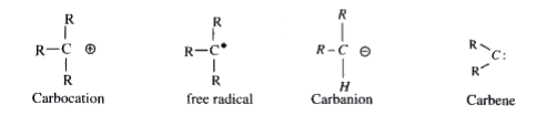 The products of bond breaking, shown below, are not stable, and cannot be isolated for prolonged study. Such species are referred to as reactive intermediate, and are belived to be transient intermediates in many reactions. The general structures and names of four such intermediates are, Charged Intermediates Uncharged Intermediates      Carbocations (called carbonium ions in the older literature) are electrophiles and carbananions are nucleophiles. Carbenes have only a valence shell sextet of electrons and are therefore electron deficient. In this sense they are elecrophiles, but the non-bonding electron pair also gives carbenes nucleophilic  character. As a rule, the electrophilic character dominates carbene reactivity. Carbon radicals have only seven valence electrons, and may be considered electron deficient, however, they do not in general bond to nucleophilic electron pair, so their chemistry exhibits differences from that of conventional electrophiles. Radical intermediates are often called free radicals. Intermediates are in general stabilised with conjugation, electron donating and electron with drawing groups.   R-N^(+) equiv N