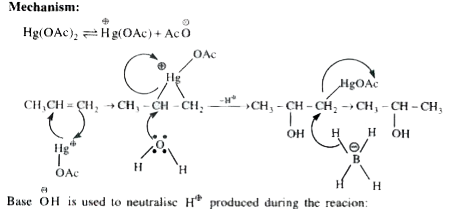 Oxymercuration demercuration reacti on is process of addition H2O according to Markownikoff's rule without any rearrangement .    CH3 - CH = CH2 underset(NaBH4. overset(odot)OH)overset(Hg(OAc)2 . H2O) to CH3 - underset(OH)underset(|)CH=CH3   Mechanism :   Hg(OAc)2 iffoverset(oplus)Hg(OAc) + Acoverset(odot)O       Base overset(Ɵ)OH is used to neutralise H^(oplus) produced during the reaction :   CH3 - underset(CH3)underset(|)overset(CH3)overset(|)C-CH= CH2 underset(NaBH4, OH) overset(Hg(OAc)2, CH3OH)to