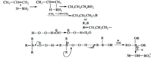 Hydroboration oxidation reaction is process of addition of H2O according to antimarkownikoff's rule.   CH3CH = CH2 underset(H2O2, overset(Ɵ)OH)overset(BH3,THH)to CH3 - CH2 - CH2 OH   Reaction is regioselective. Regioselectivity of reaction is increased by using hindered boranes.  THF (Tetrahydrofuran) is used to control reactivity of borane.          Major product