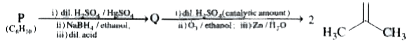 An acyclic hydrocarbon P, of molecular formula C6H(10) gave acetone as the only organic product through the following sequence, in which Q is an intermediate organic compound        The structure of compound