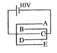 Find identical capacitor plates are arranged such that they make capacitors each of 2muF . The plates are connected to a source of emf 10V. The charge on plate C is