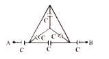 Six identical capacitors of each capacitance .C.    are arranged as shown in fig .The equivalent  capacitance between A and B is (KC)/8 . The value of .K. is ..........