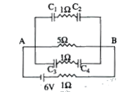 In the figure shown, each capacitor is 1muF  and the resistors are indicated. The charges. Q(1) and Q(4)  on the capacitors C(1) and C(4)  are respectively under steady condition. Then,