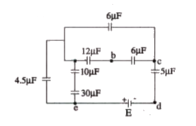 A combination of capacitors given is chrged by a cell of emf E as shown:   If it is given that V(ab)   i.e. potential difference between points a and b is 4V, then answer the given questions.        Potential difference between points a and c will be