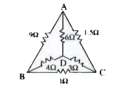 A network of resistance is formed as follows : AB=9 Omega, BC=1Omega, CA=1.5Omega forming a delta and AD=6 Omega, BD= 4 Omega, CD= 3 Omega forming a star. Compute the network resistance measured between   (i) A and B (ii) B and C and (iii) C and A.