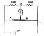 The potentiometer wire AB shown is 40 cm long of resistance 50 Omega//m, free end of an ideal voltmeter is touching the potentiometer wire at the middle initially. What should be the velocity of the jockey as function of time so that reading in voltmeter is varying  with time as (2 sin pi t).