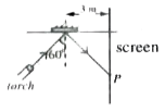 Figure shows a torch producing a straight light beam falling on a plane mirror at an angle 60^@. The reflected beam makes a spot P on the screen along y-axis. If at t=0, the mirror starts rotating about the hinge A with an angular velocity omega = 1^@  per second clockwise, find the speed of the spot on screen after time t = 15 s.