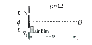 An YDSE is carried out in liquid of refractive index mu=1.3 and a thin film of air is formed in front of the lower slit as shown in the figure .If a maxima of third order id formed  order at the origin O, find the  thickness of the air film . The wavelength  of light in air is lambda(0)=0.78 mum and D/d = 1000 .