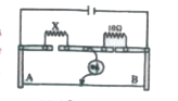 A meter bridge is set up as shown in figure, to determine an unknown resistance X using a standard 10 Omega resistor. The galvanometer shows null poii1t when tapping key is at 52cm mark. The end corrections are 1cm and 2cm respectively, for the ends A and B. The determined value of V is