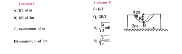 In the system shownn in figure mass m is released from position A. Suppose potential energy of 2m at point A with respect to point B is E. Dimensions of m are negligible and all surfaces are smooth. When mass m reaches at point B then, match the following.