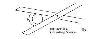 Passage - V :   A partial diagram of a pair of scissors holding a vertical wire of circular cross section is shown. To reduce the required force to cut the wire, the wire must be placed close to the hinge. But if it placed too close then the wire slides in the direction away from the hinge. The vertical wire is placed between the blades such that the angle between the blades becomes theta. Assume there is no sliding between each blade and wire is N and coefficient of static friction is 'mu' for each contact.       Magnitude of friction force between each blade and wire is