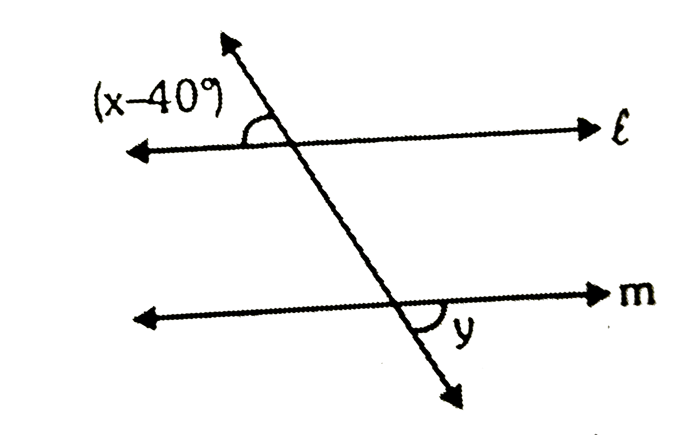 In the figure above (no to scale), l ||m and also x:y = 5:3. Find the measure of angles (x-40^(@)) and (y+40^(@)) respectively.