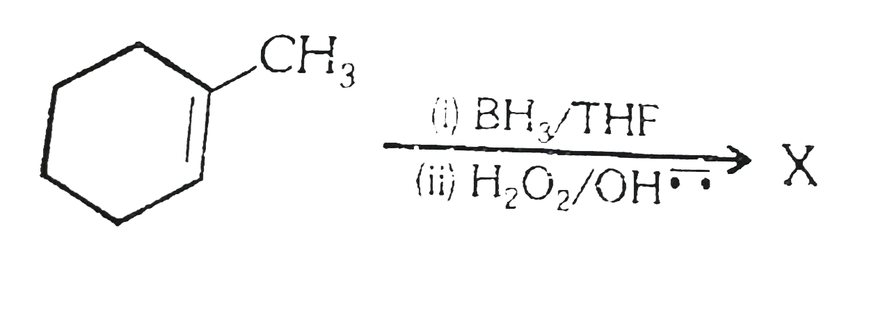 Borane is an electron deficient compound. It has only six valence eletons, so the boron atom lacks an octet. Acquiring an octet is the driving force for the unusual bonding structure found in boron compounds. As an electron deficient compound, BH(3) is a strong electrophile, capable of adding to a double bond. This hydroboration of double bond is though to oC Cur in one step, with the boron atom adding to the less highly substituted end of the double bond. In transition state, the boron atom withdraws electrons from the pi bond and the carbon at theother end of the double bond acquires a partial positive charge. This positive charge is more stable on the more highly subsituted carbon atom. The second step is the oxidation of boron atom, removing it from carbon and replacing it with hydroxyl group by using H(2)O(2)//OH^(bar(..)).   The simultaneous addition of boron and hydrogen to the double bond leads to a syn addition. Oxidation of the trialkyl borane replaces boron with a hydroxyl group in the same stereochemical position. Thus, hydroboration of alkenen is an example of steropecific reaction, in which different steroisomers of starting compounds react to give different steroisomers of the product.    Find the product of following reaction