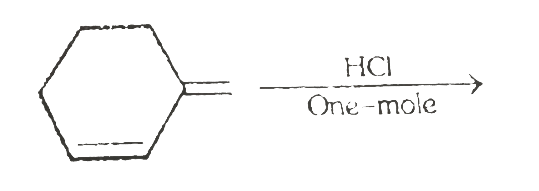 The reaction of the diene shown below with dry HCl can lead to four products. Provide structural formula of all the products.