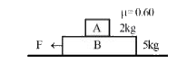 दो ब्लॉक (A) 2 kg व (B) 5 kg एक-दूसरे पर चित्रानुसार रखे हैं। 5 kg का ब्लॉक चिकनी समतल सतह पर रखा हुआ है। जबकि (A) व (B) के बीच स्थैतिक एवं गतिक घर्षण गुणांक समान mu= 0.60 है (B) पर आरोपित अधिकतम क्षैतिज बल (F) क्या हो ताकि ब्लॉक (A) व (B) साथ-साथ गति करें :-