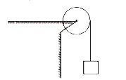 चित्र में द्रव्यमान M = 2.4 kg  तथा त्रिज्या R = 20 cm वाली एक समरूप चकती को स्थिर क्षैतिज धुरी (axle) पर कसा गया है। चकती की रिम के चारों ओर लिपटी हुई द्रव्यमानहीन रस्सी से m = 1.2 kg  द्रव्यमान के एक ब्लॉक को लटकाया गया है। रस्सी में तनाव होगा -