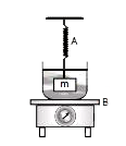 जब एक पिण्ड m एक स्प्रिंग तुला A से लटकाया जाता है तो उसका पाठ 2 किग्रा है। एक अन्य तुला B में, जब इसके पलड़े पर द्रव से भरा एक बीकर रखा जाता है, तो इस तुला का पाठ 5 किग्रा है। दोनों तुलाओं को अब इस प्रकार रखा जाता है कि लटकता हुआ पिण्ड, बीकर में रखे हुए द्रव के अन्दर है, जैसा चित्र में दिखाया गया है इस स्थिति में :-