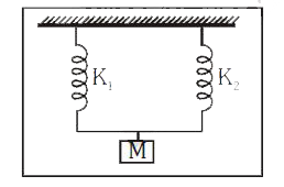 चित्रानुसार समान लम्बाई की दो स्प्रिंगो जिनमें स्प्रिंग नियतांक K(1) व K(2) है, M द्रव्यमान के एक पिण्ड को लटकाकर दोलित कराये तो आवर्तकाल होगाः