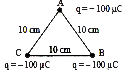 दिये गये चित्र में 10 सेमी भुजा वाले समबाहु त्रिभुज के कोनो पर तीन बिन्दु आवेश रखे है B पर स्थित आवेश पर परिणामी तथा इसकी दिशा ज्ञात कीजिए।