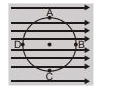 समरूप विधुत क्षेत्र में R त्रिज्या का वृत्त बनाया गया है   वृत्त की परिधि पर बिन्दु A, B, C, व D के विभव क्रमशः V(A),V(B),V(C) और V(D) है