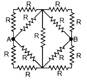 तेरह प्रतिरोधों, प्रत्येक R ओम को चित्रानुसार जोड़ा गया है। A व B के मध्य तुल्य प्रतिरोध होगा