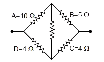 एक व्हीट स्टोन सेतु में प्रतिरोध का मान चक्रीय क्रम में A = 10 Omega,B = 5 Omega, C = 4 Omega व D = 4 Omega है। सन्तुलन अवस्था के लिए :-       (a) 10 Omega , A के समान्तर क्रम में जोड़ना चाहिए   (b)10Omega , A के श्रेणी क्रम में जोड़ना चाहिए    (c)5 Omega , B के श्रेणी क्रम में जोड़ना चाहिए   (d)5Omega ,  B के समान्तर क्रम में जोड़ना चाहिए