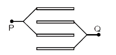 समान  अनुप्रस्थ  काट क्षेत्रफल  A वाली  चार प्लेटो को चित्रानुसार  संयोजित किया गे  दो क्रमागत  प्लेटो के बीच की दुरी  d है PQ के मध्य  तुल्य   धारिता  ज्ञात  कीजिये
