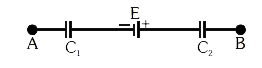 चित्रानुसार परिपथ का एक भाग AB है। E=10 V, C(1)=1.0 mu F,C(2)=2.0 muF  और विभवान्तर  V(A)-V(B)=5 V है।  C(1) के सिरों पर विभव है :-