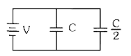 धारिता C और (C )/(2)  के दो संधारित्रों को चित्र में दिखाये अनुसार  V-वोल्ट की बैटरी से जोड़ा गया है :